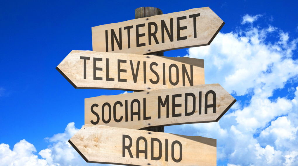 Sign post showing various media categories