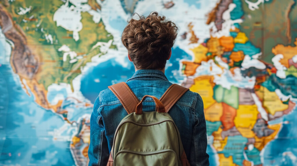 Student standing in front of a large world map
