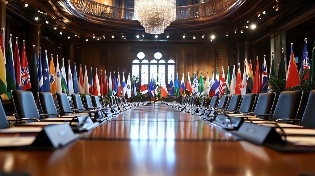 Long conference table surrounded by flags of the world