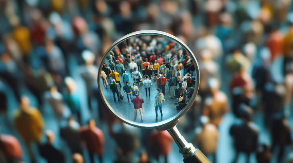 Magnifying glass zooming in on a group of people