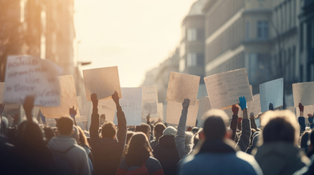 Crowd of protestors holding up signs